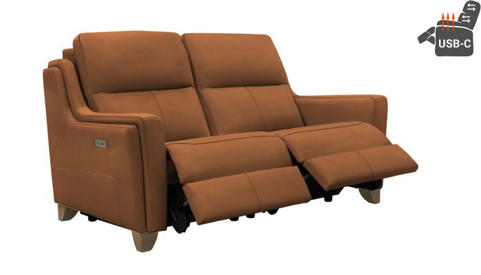 Parker Knoll Portland 2 Seater Double Power Plus Recliner Headrests Lumbar USB Heated Seats Rocco Tan Leather Vintage Oak Leg